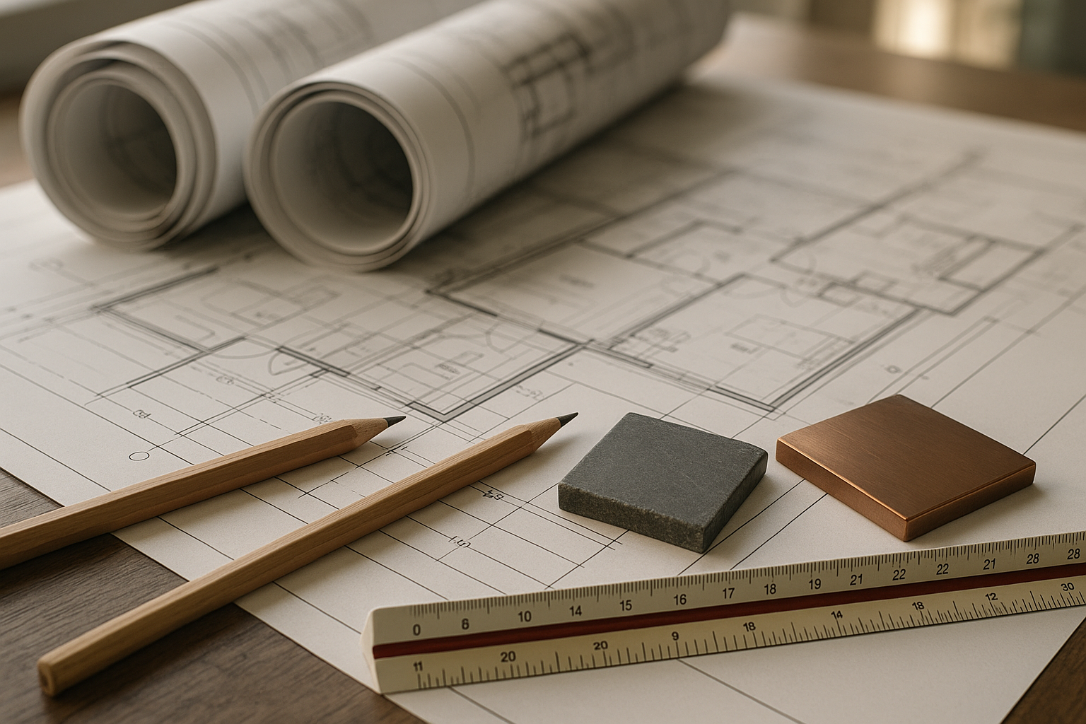 Plano arquitectónico sobre mesa de trabajo con herramientas de dibujo y muestras de materiales cobrizos