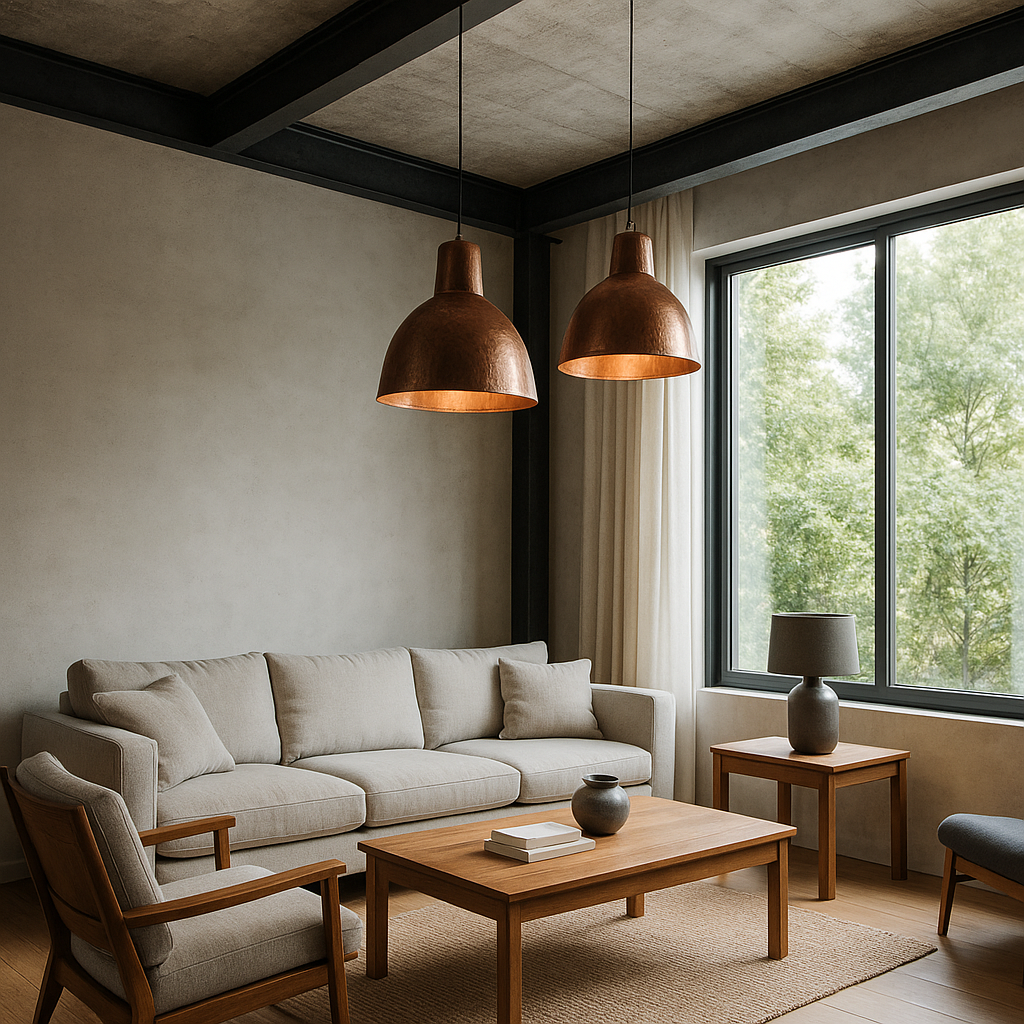 Living de vivienda con muros de hormigón visto, vigas metálicas y mobiliario cálido en tonos madera