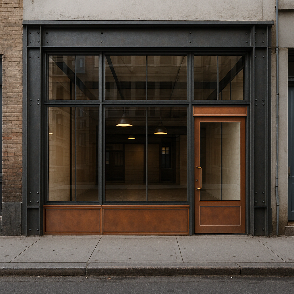 Fachada de local comercial con estructura industrial, grandes vidrieras y detalles en cobre