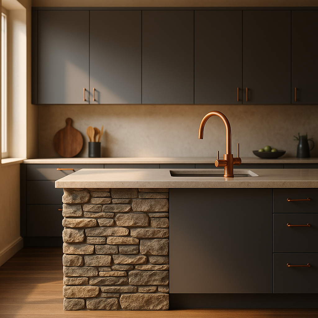 Cocina integrada con isla de trabajo, revestimiento de piedra gris y accesorios metálicos cobrizos