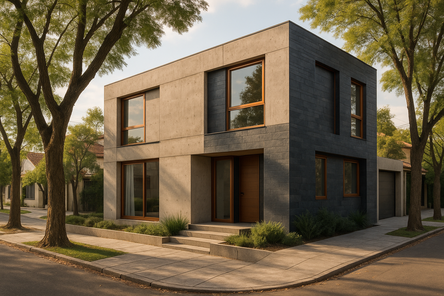 Fachada de vivienda contemporánea con estructura de hormigón y detalles en metal cobrizo, en una calle arbolada de Córdoba